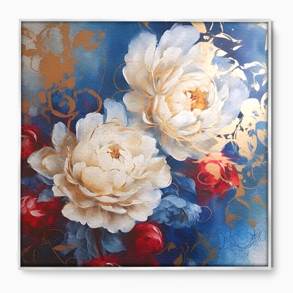 Tablou canvas cu pictura abstracta cu bujori albi, in rama de aluminiu argintiu